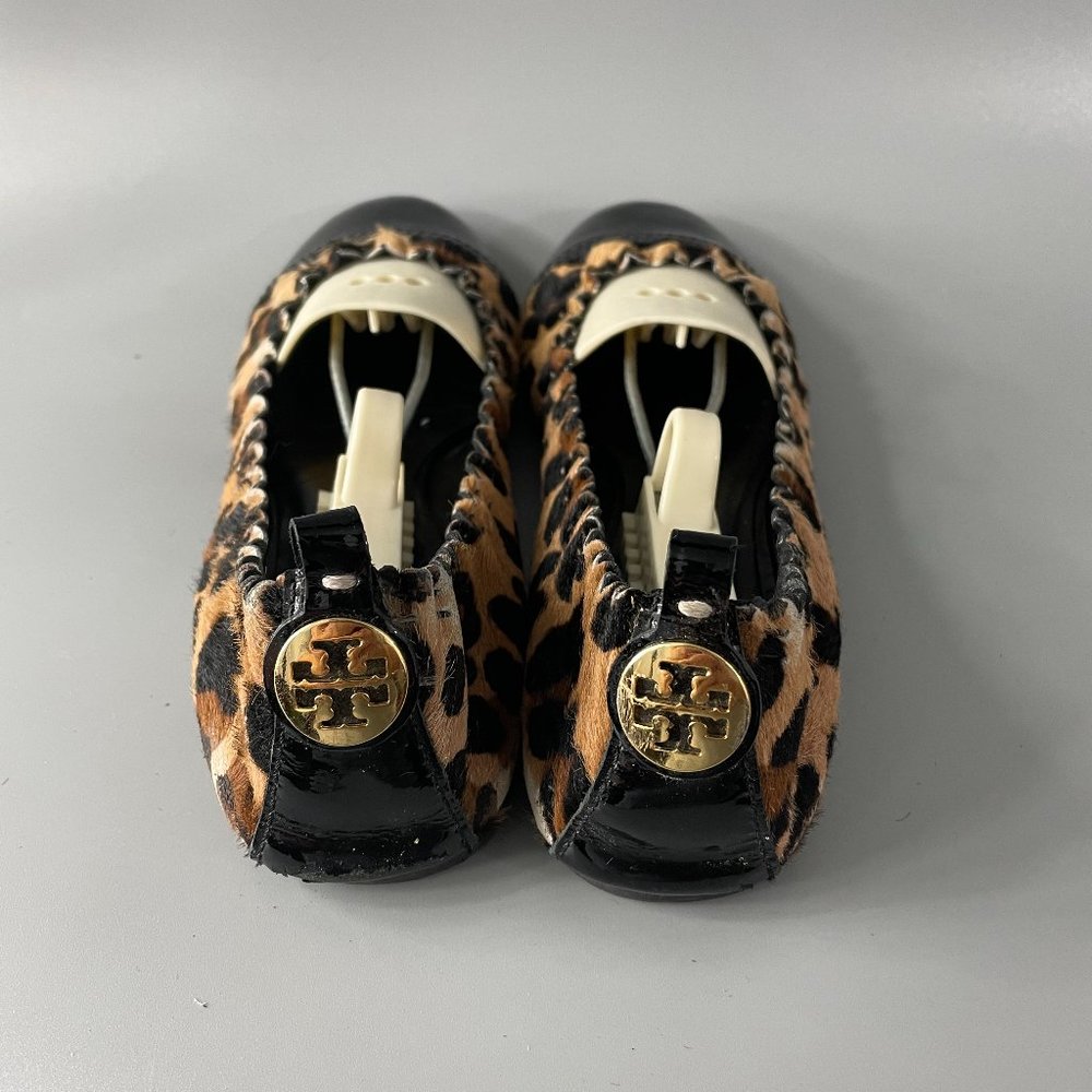 Tory Burch Black/Brown Abbey Ballerina Leather Leopard Slip-on Flats, 7M